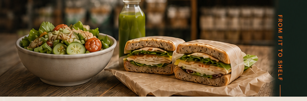 Fresh salad, green juice, and wrapped sandwiches prepared for a natural bakery grab-and-go program
